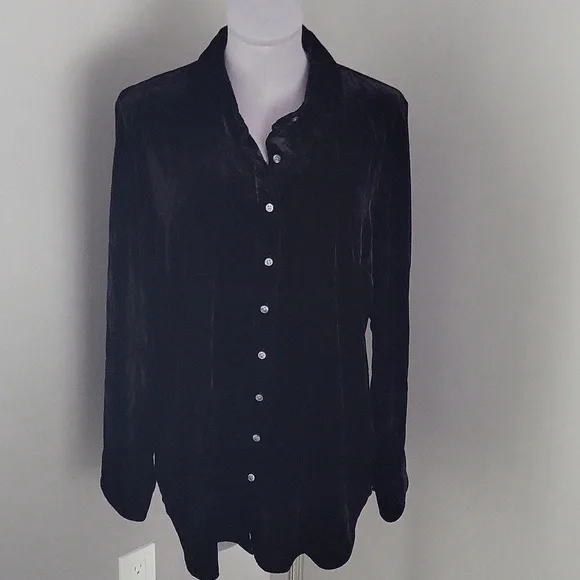 Talbots Black Velvet Button Front Shirt Sz L - Picture 4 of 10